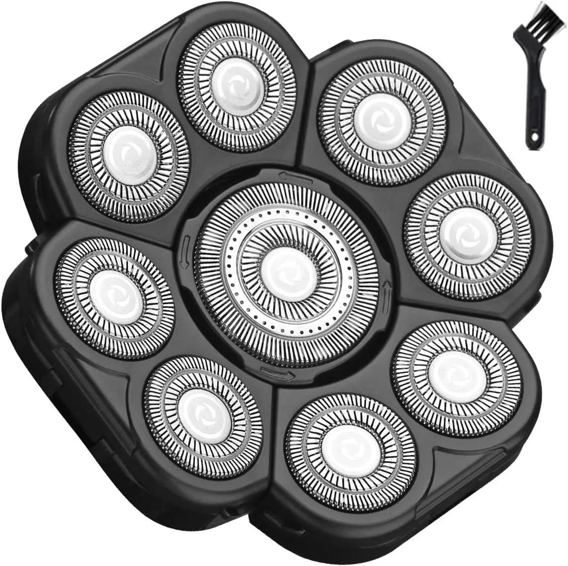 Set of nine circular replacement shaver heads with metallic blades and grey plastic frames