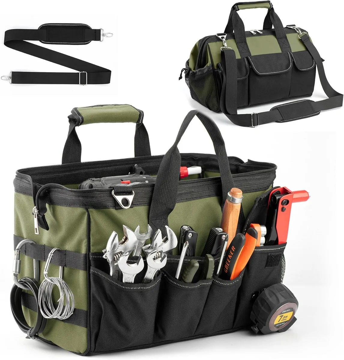 BFKK BFKK 15 Inch Heavy Duty Tool Bag Green 16 Pockets 30 lb Capacity 45 Inch Strap — product photo