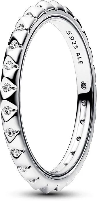 Sterling silver ring with pyramid studs and cubic zirconia, grooved edges