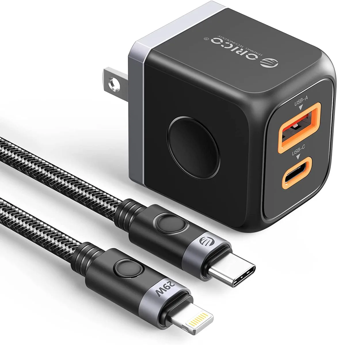 Orico Orico 20W GaN Charger USB-C PD USB-A QC3.0 Black with USB-C to Lightning Cable — product photo