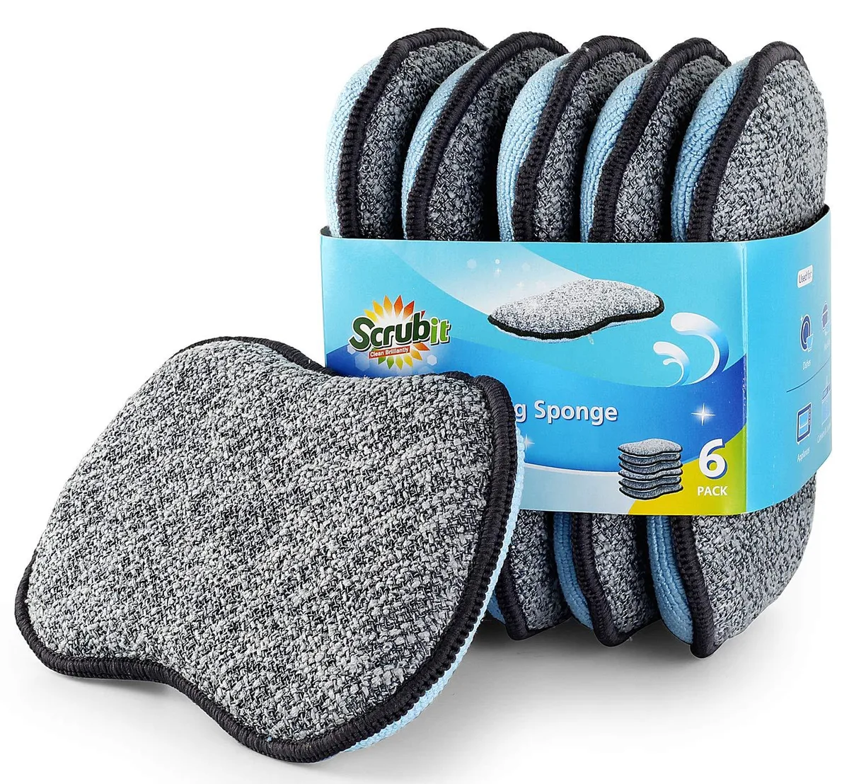 Six white rectangular cleaning sponges in a pack