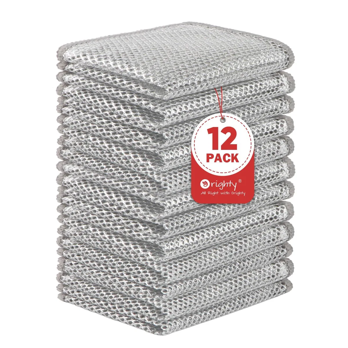 Twelve white wire dishwashing cloths stacked, each 8 by 7 inches with stitched edges