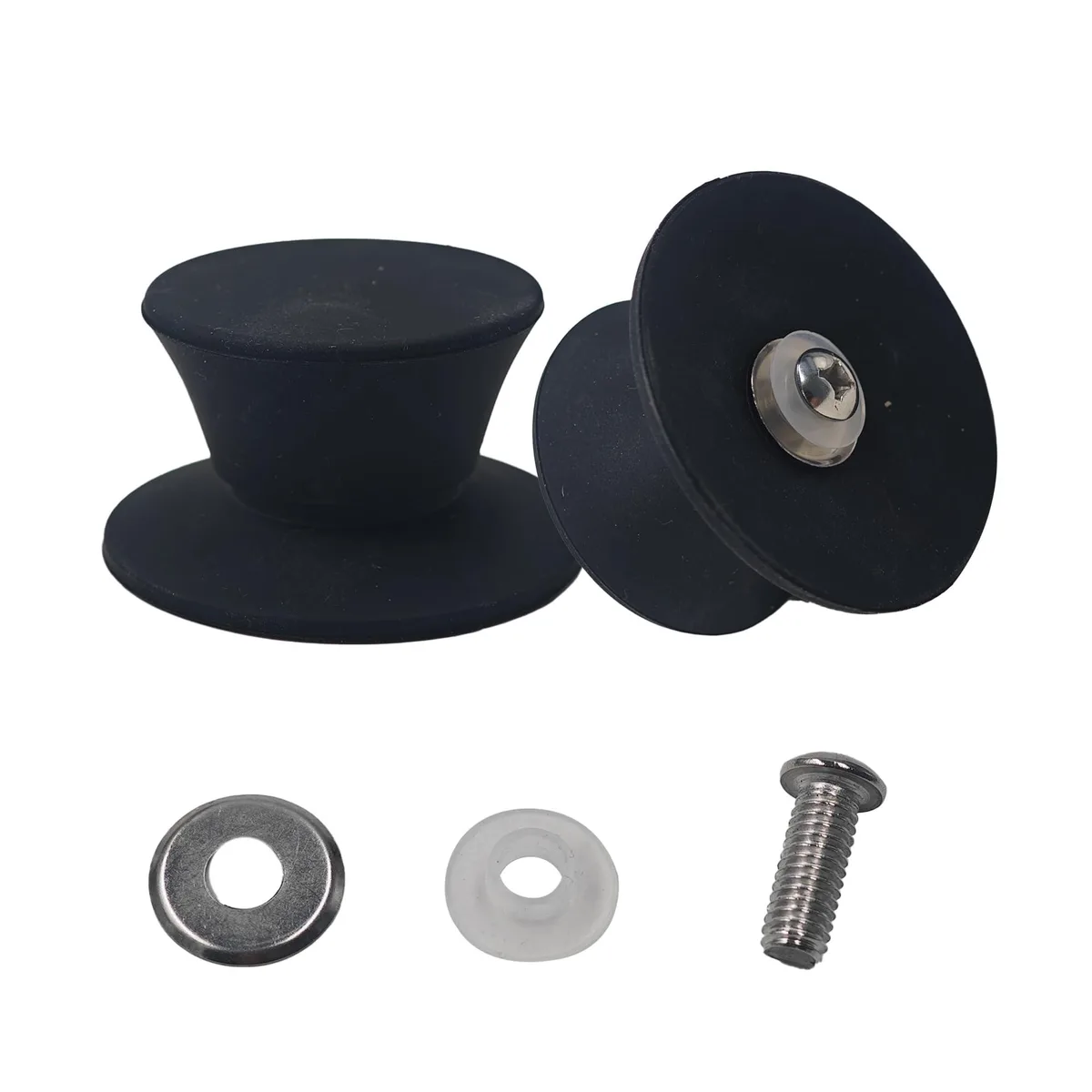 Two black silicone pot-lid knobs, 47 mm diameter, with screws and washers