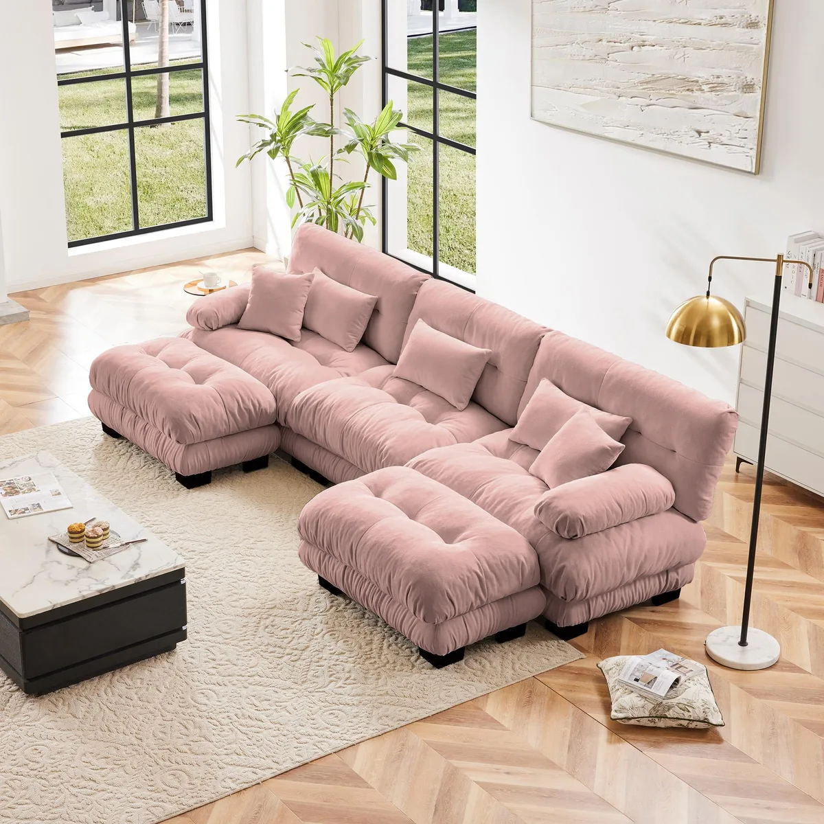 Pink chenille U-shaped sectional with two ottomans and round bolster armrests