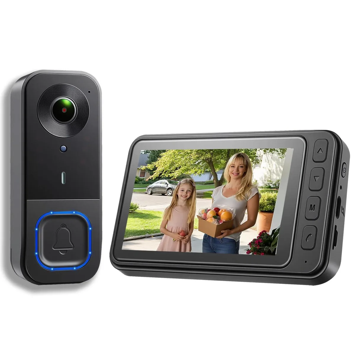 White rectangular doorbell camera with 4.3 inch screen and wide lens