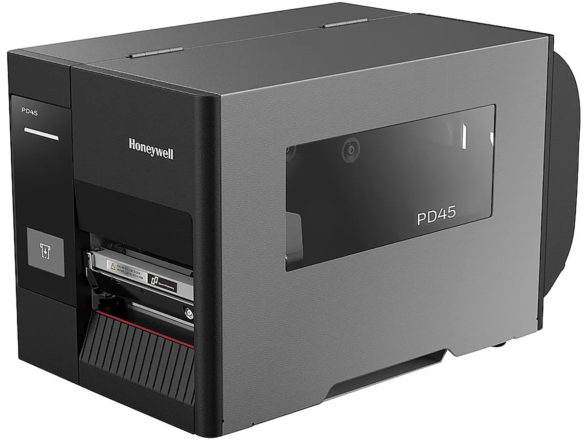 Honeywell PD4500B 200 dpi label printer, compact grey box with front label slot
