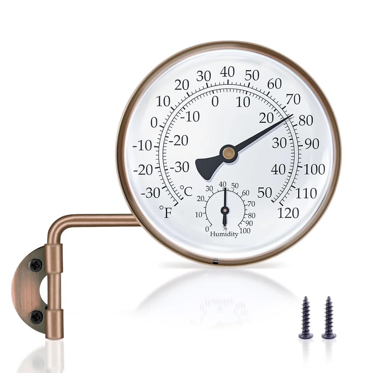 Round brass thermometer with white dial, black numbers and humidity gauge