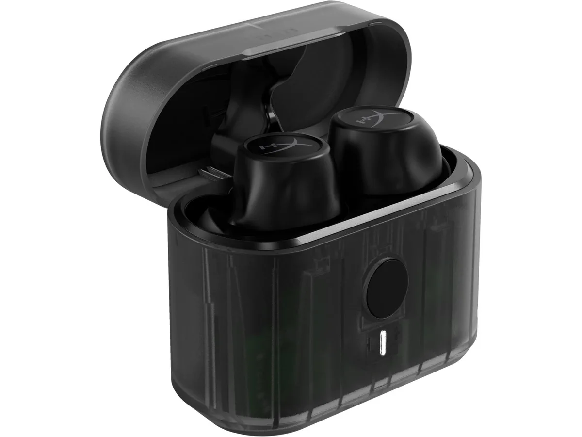Black HyperX Cirro Buds Pro earbuds in charging case