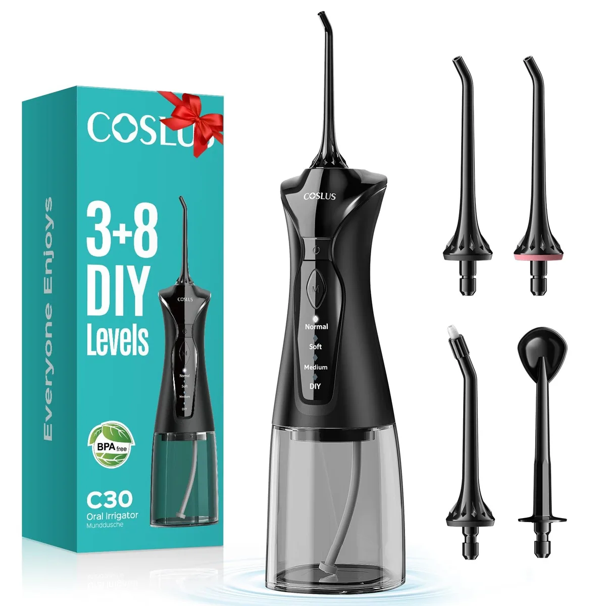 White cordless water flosser with 180 ml tank and four jet tips