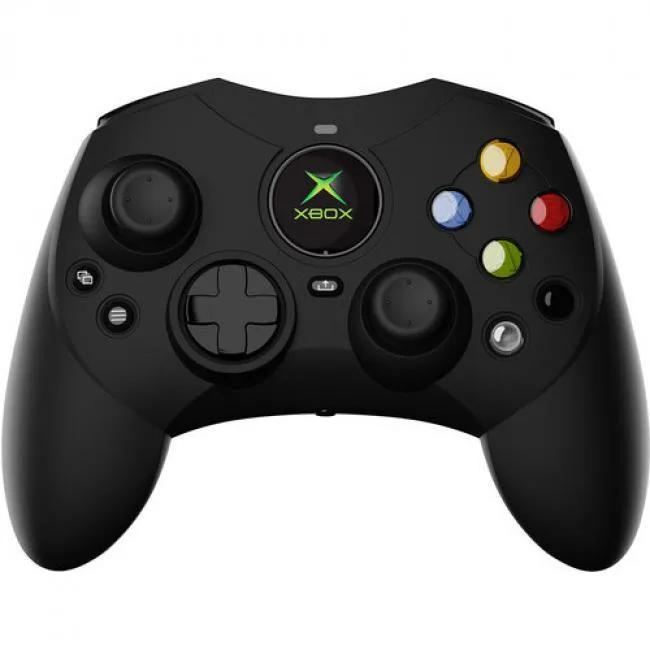 Black wired game controller with classic Xbox layout and textured grips