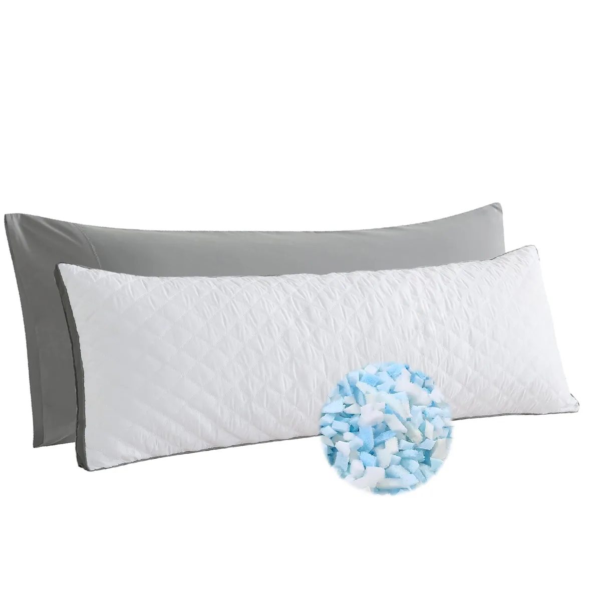 White rectangular body pillow with quilted polyester cover and shredded memory foam filling