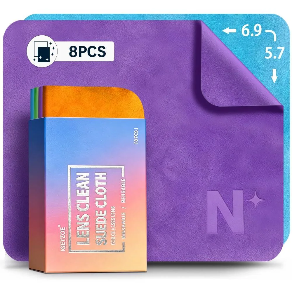 Eight square microfiber cloths in four colours, folded and stacked