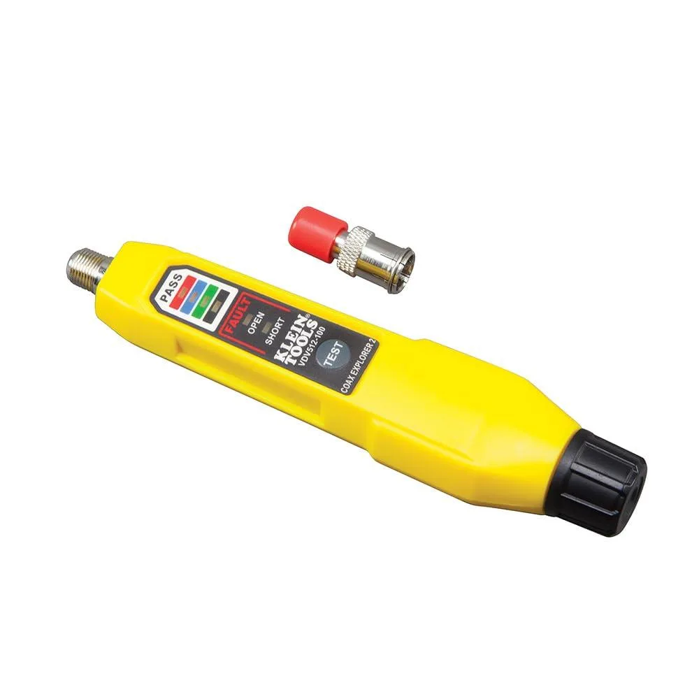 Handheld Klein Tools coax cable tester with push buttons and LED display