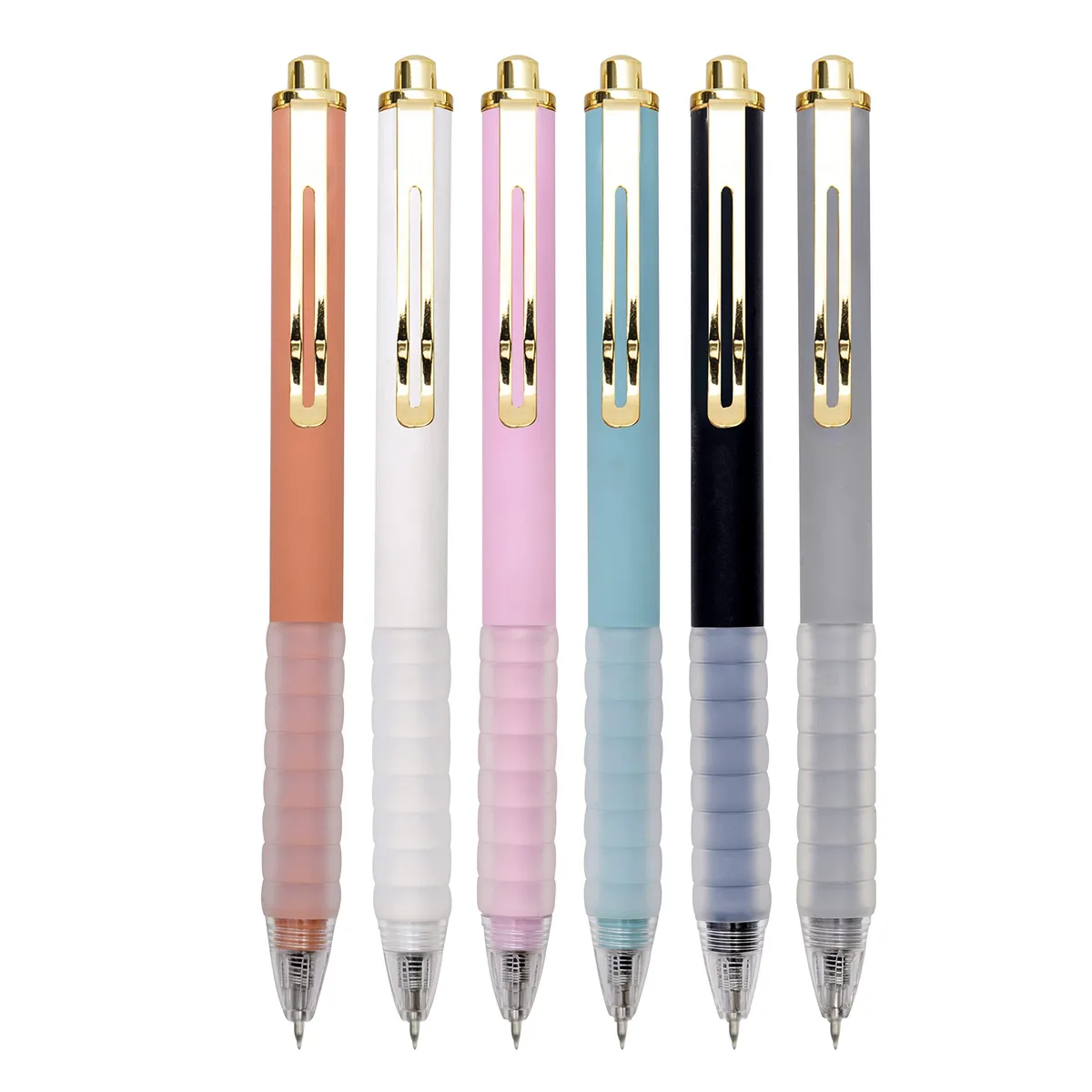  Logitech Retractable Ballpoint Pen 1.0 mm Blue Leather Grip Gold Clip 6 Pack — product photo