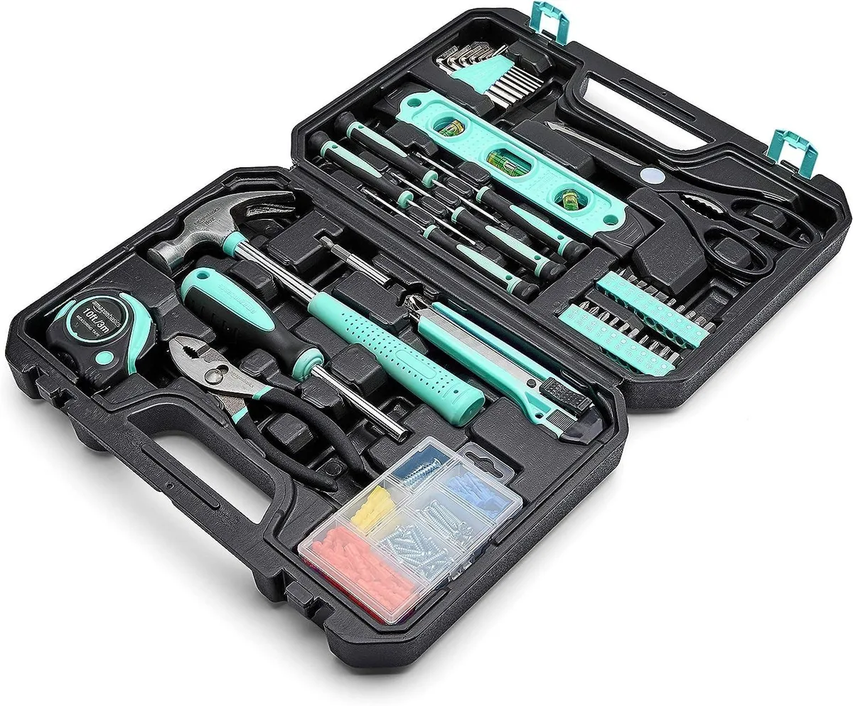Turquoise blow-molded case holding 142-piece tool set