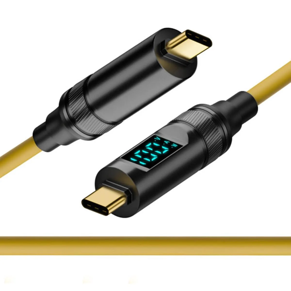 Yellow USB-C cable with built-in LED display showing voltage and current