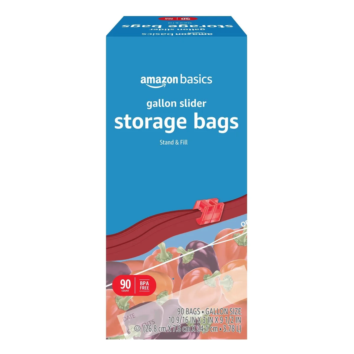 Clear gallon storage bags in upright box, slider zip top, stand-up base, 90 count