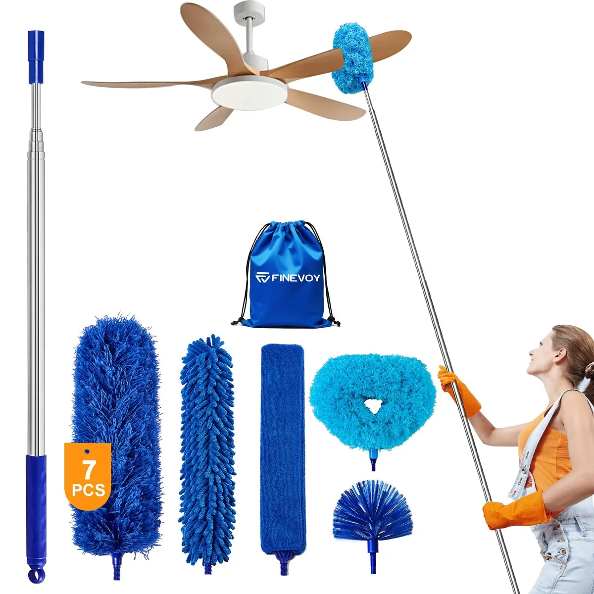 Telescoping pole kit with microfiber, chenille and cobweb heads, crevice brush, storage bag, 100 inches extended