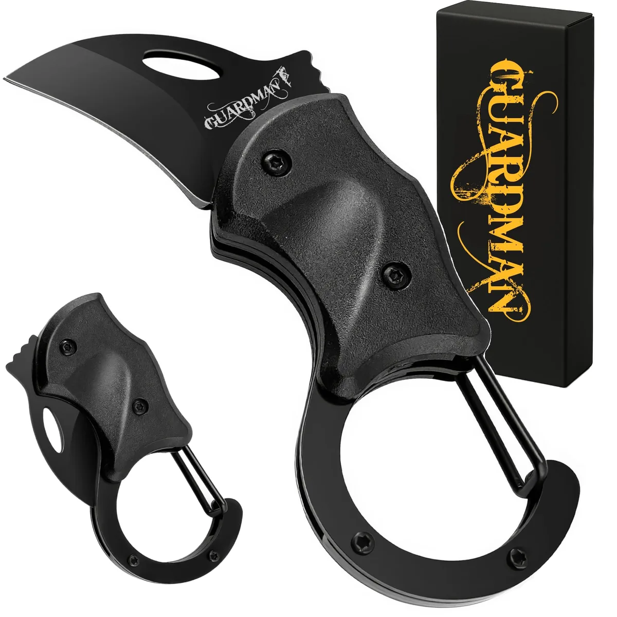 Black folding pocket knife with carabiner clip, closed length 3.15 inches