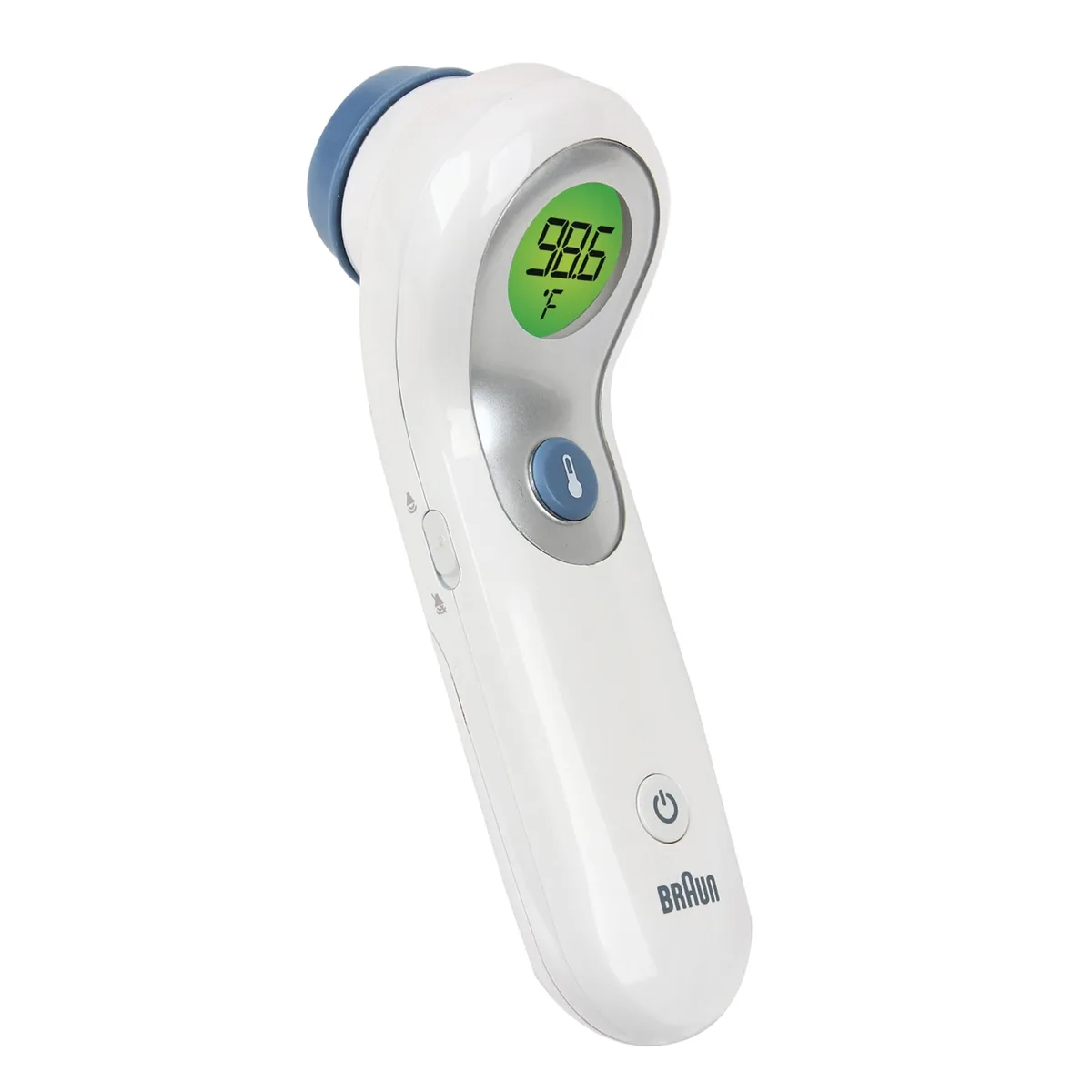 White handheld thermometer with colour-coded display and positioning guide