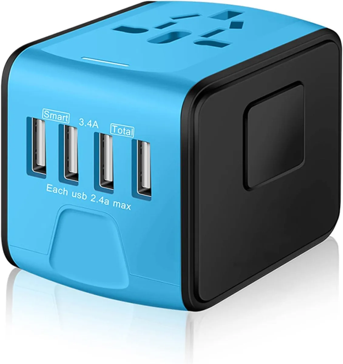Compact blue travel adapter with retractable plugs and four USB-A ports