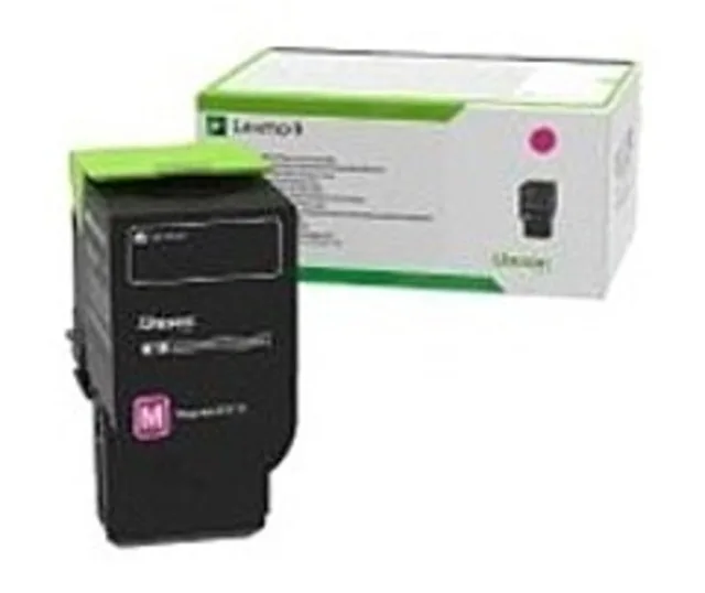 Rectangular magenta toner cartridge in white and magenta packaging