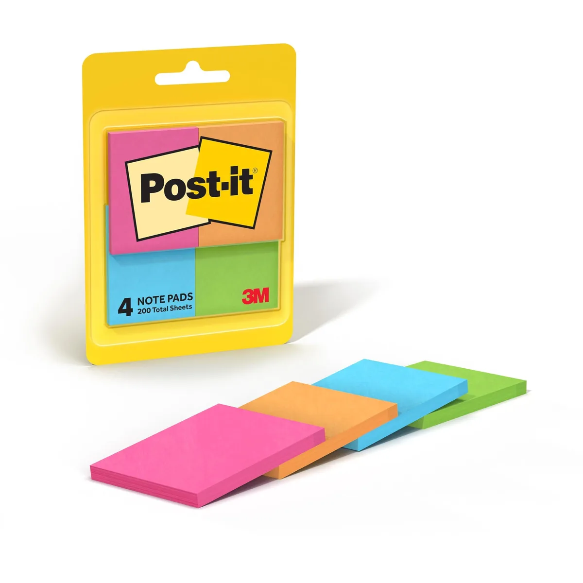 Four small square sticky-note pads in bright pink, teal, lime and orange