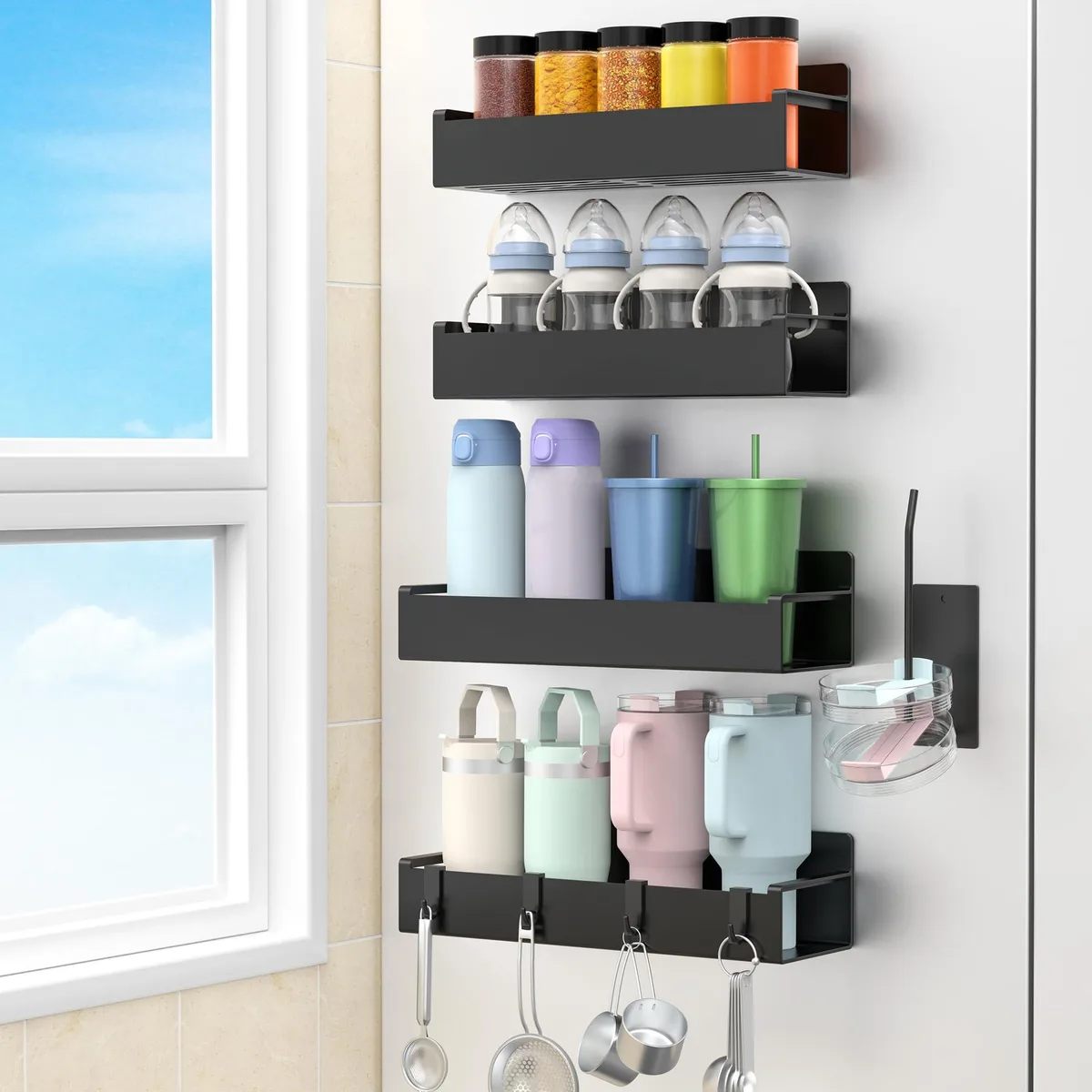 Four red plastic magnetic cup holders with hooks and lids attached to a metal surface