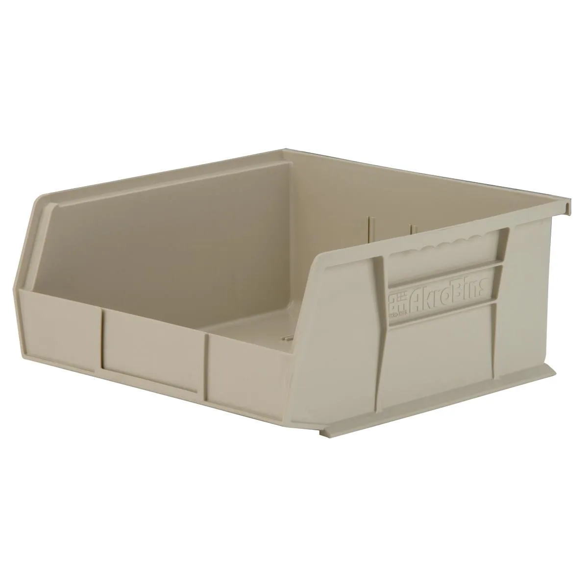 Beige plastic storage bin with hang and stack design, 11 by 11 by 5 inches, three divider slots, label holder, 50 lb capacity