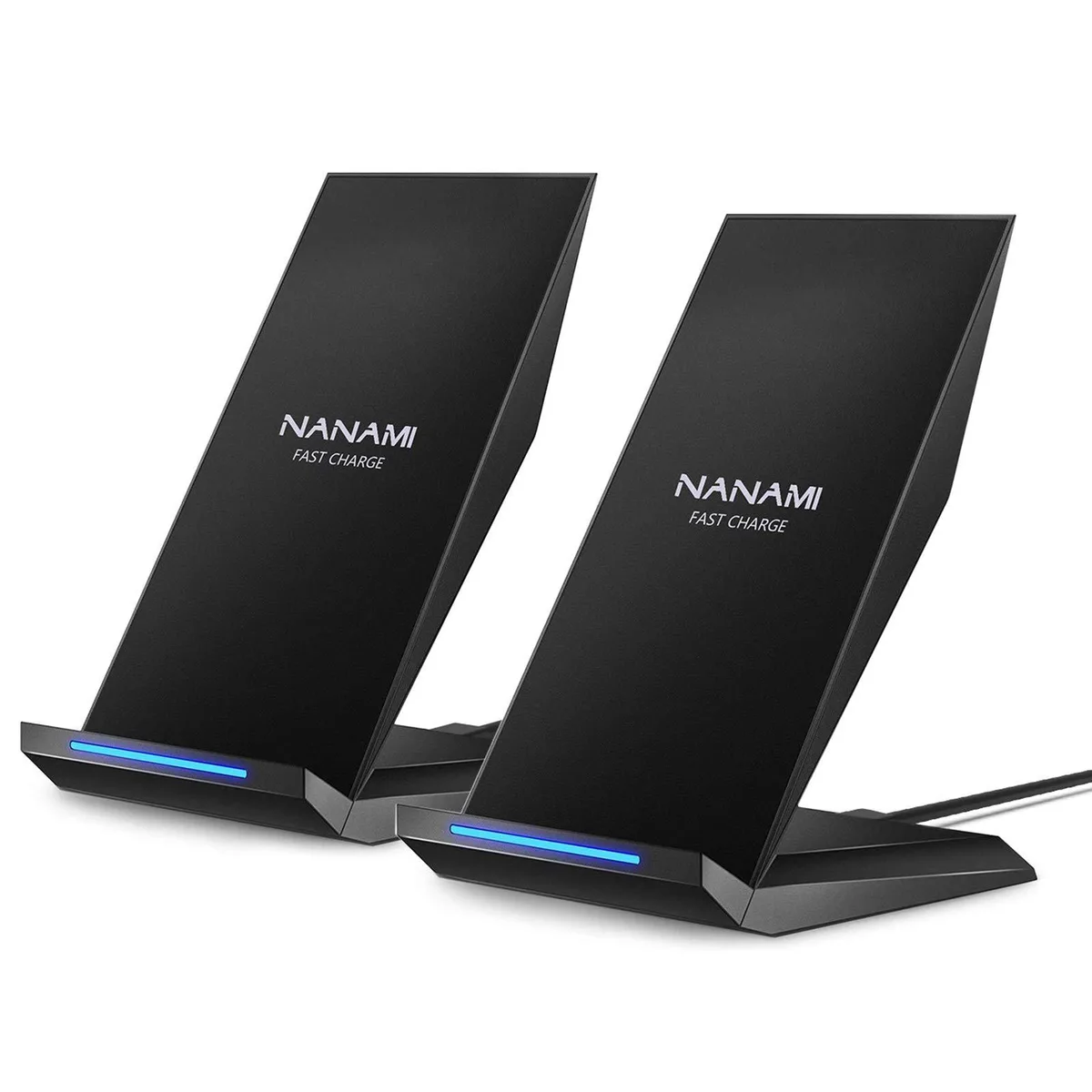 Two white upright wireless charging stands side by side