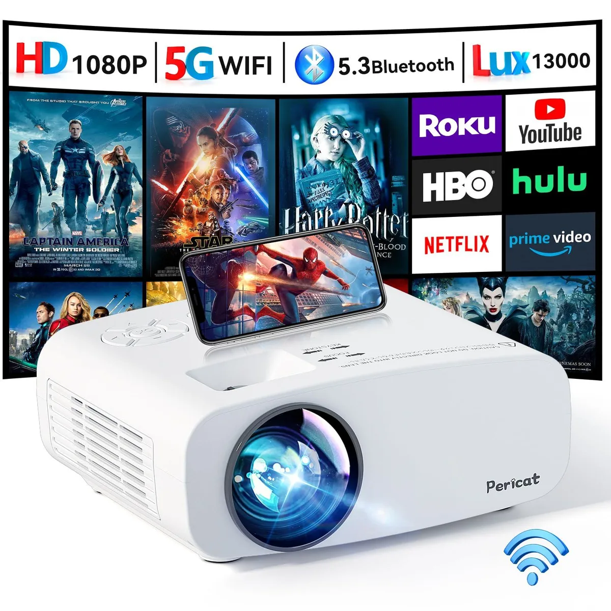  pericat PJ108 Portable Projector 1080P 180ANSI WiFi Bluetooth 5.3 — product photo