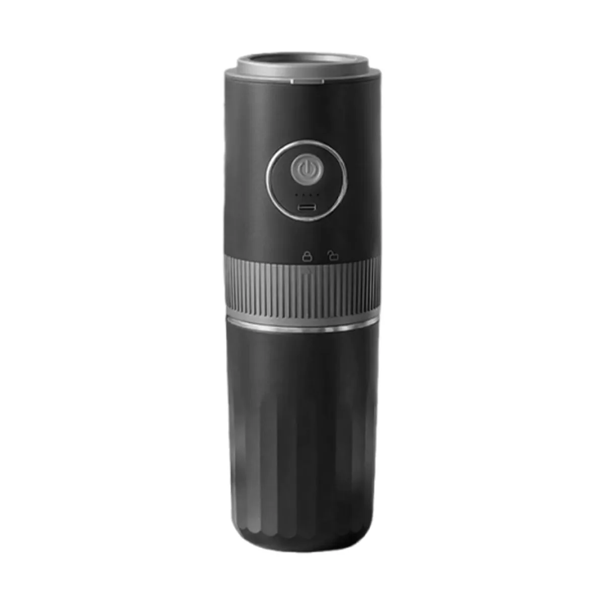 Silver portable coffee grinder with stainless steel cup and built-in rechargeable battery