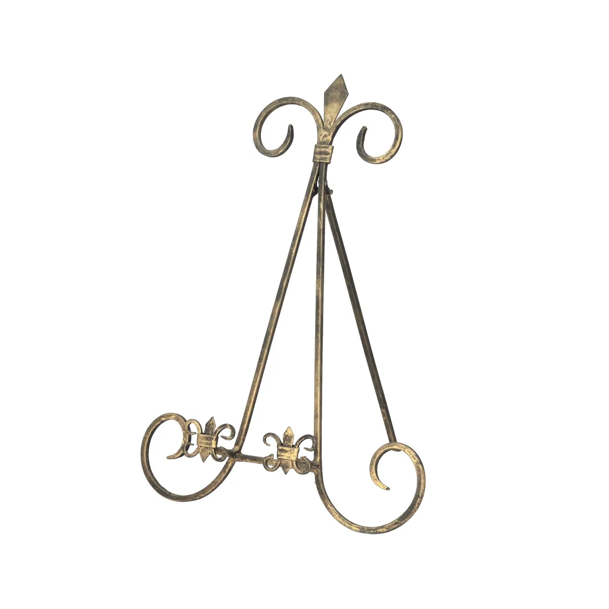 Gold iron tabletop easel with floral scrollwork and foldable stand