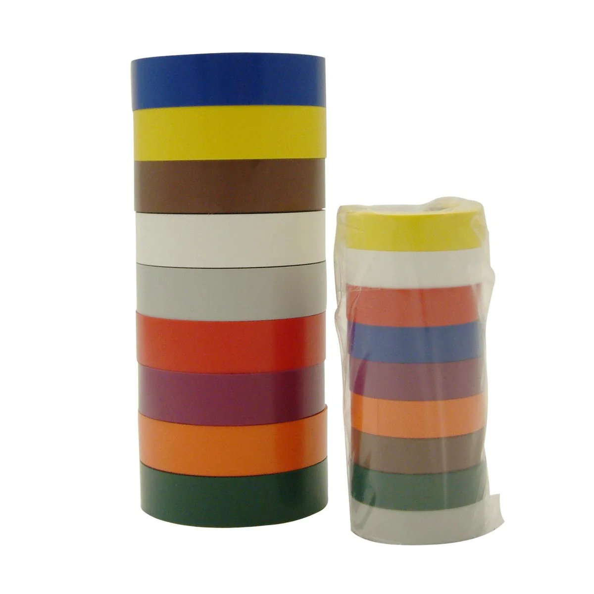 Eight mini rolls of coloured electrical tape in a pack
