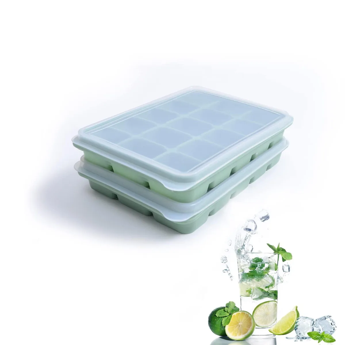 Two bamboo-green silicone ice cube trays with matching lids, each holding fifteen square cavities