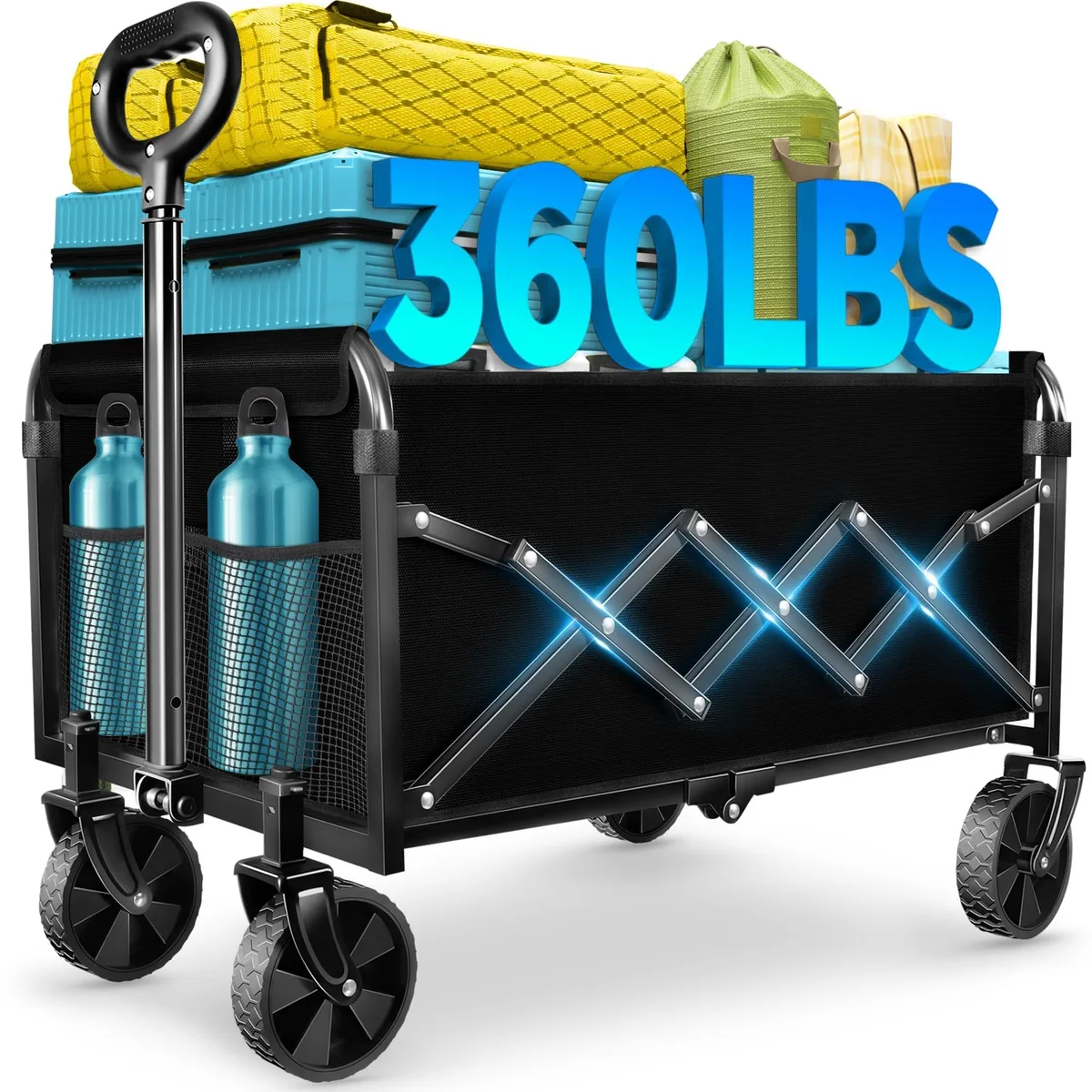 Black collapsible utility wagon with alloy steel frame, 600D Oxford fabric, four wheels, adjustable handle, folded compact