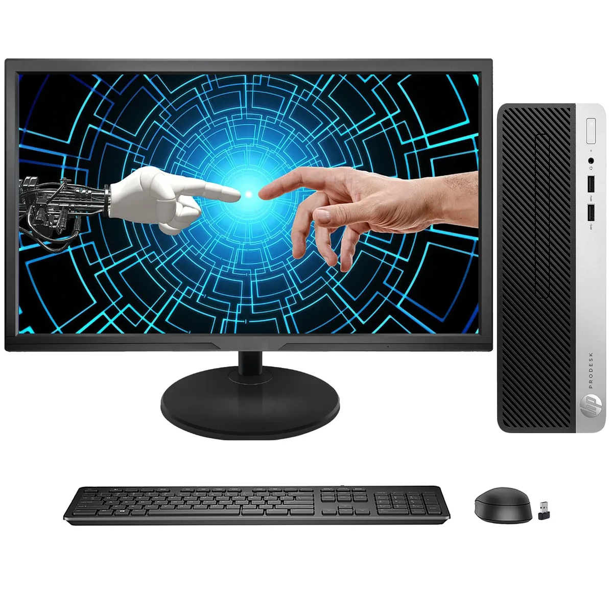 HP HP ProDesk 400 G5 SFF desktop PC, 22" FHD monitor, i3-8100 3.6GHz, 8GB DDR4, 1TB SSD, Windows 11 Pro — product photo