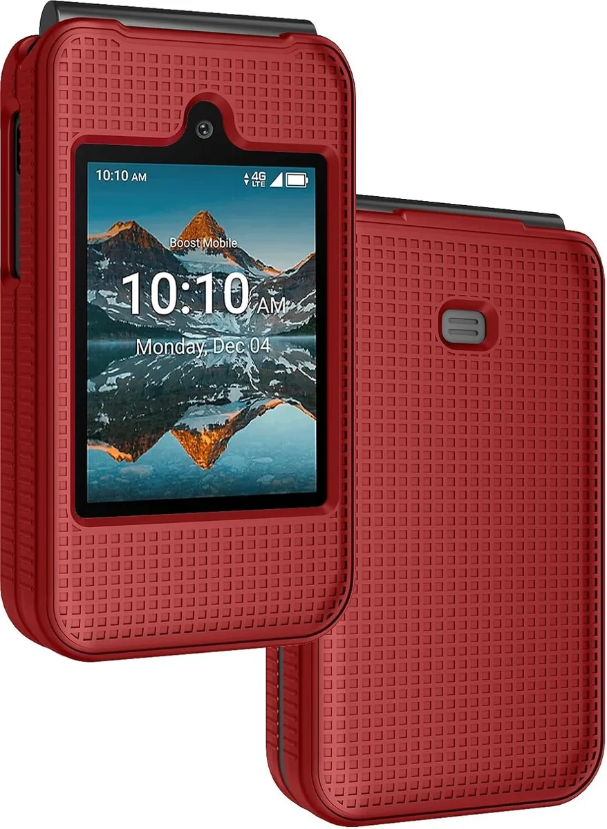 Red hard-shell flip phone case with grid texture and ribbed sides