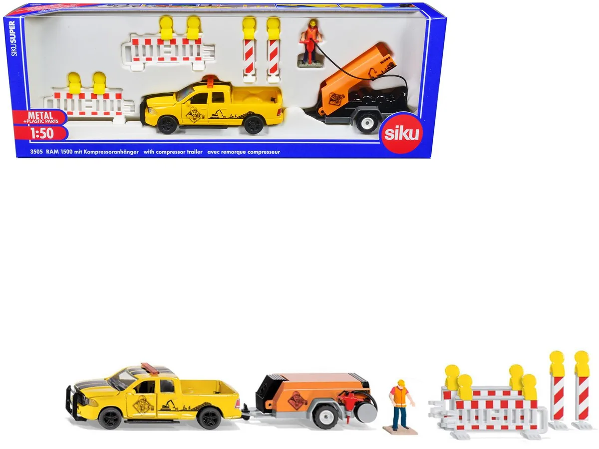 Siku Siku Ram 1500 Pickup Truck Yellow with Compressor Trailer and Worker Figure 1/50 Diecast Hobby Collectible — product photo