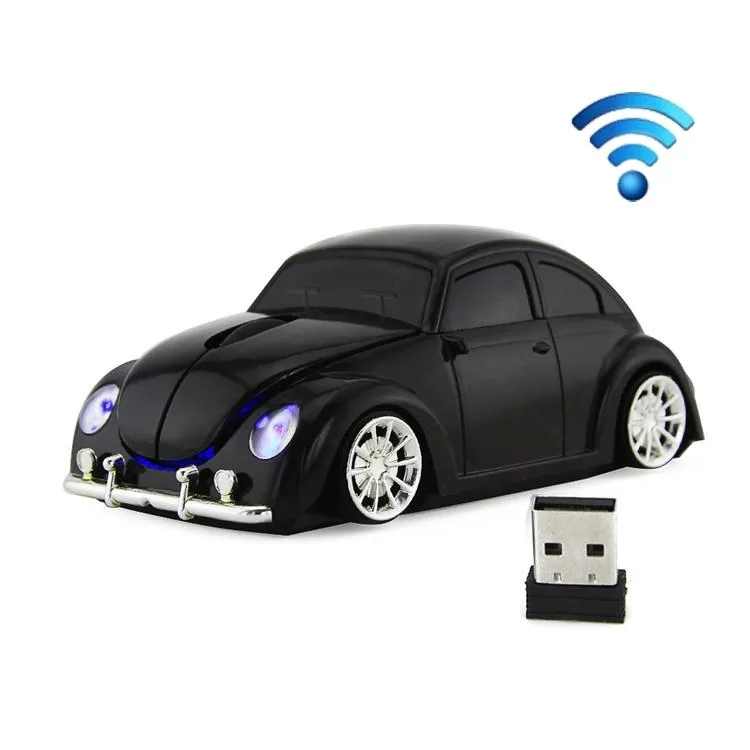 Black car-shaped wireless mouse with glossy UV finish, three buttons and rubber scroll wheel