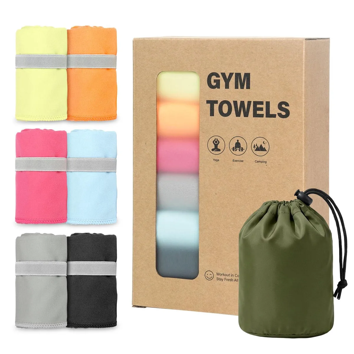 Six microfiber towels in assorted colors folded in a carry bag