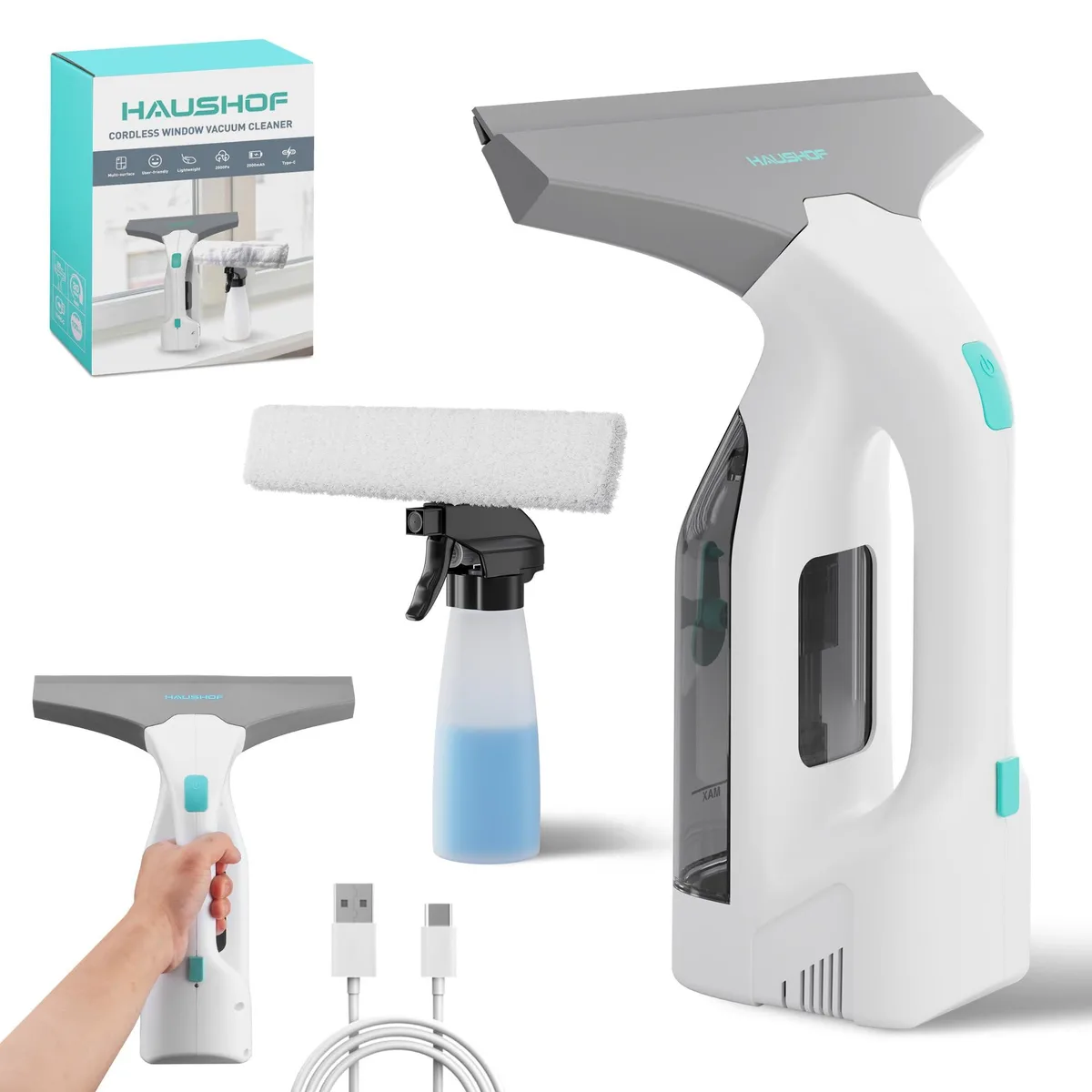White cordless window vacuum with 11 inch silicone blade, spray bottle and water tank