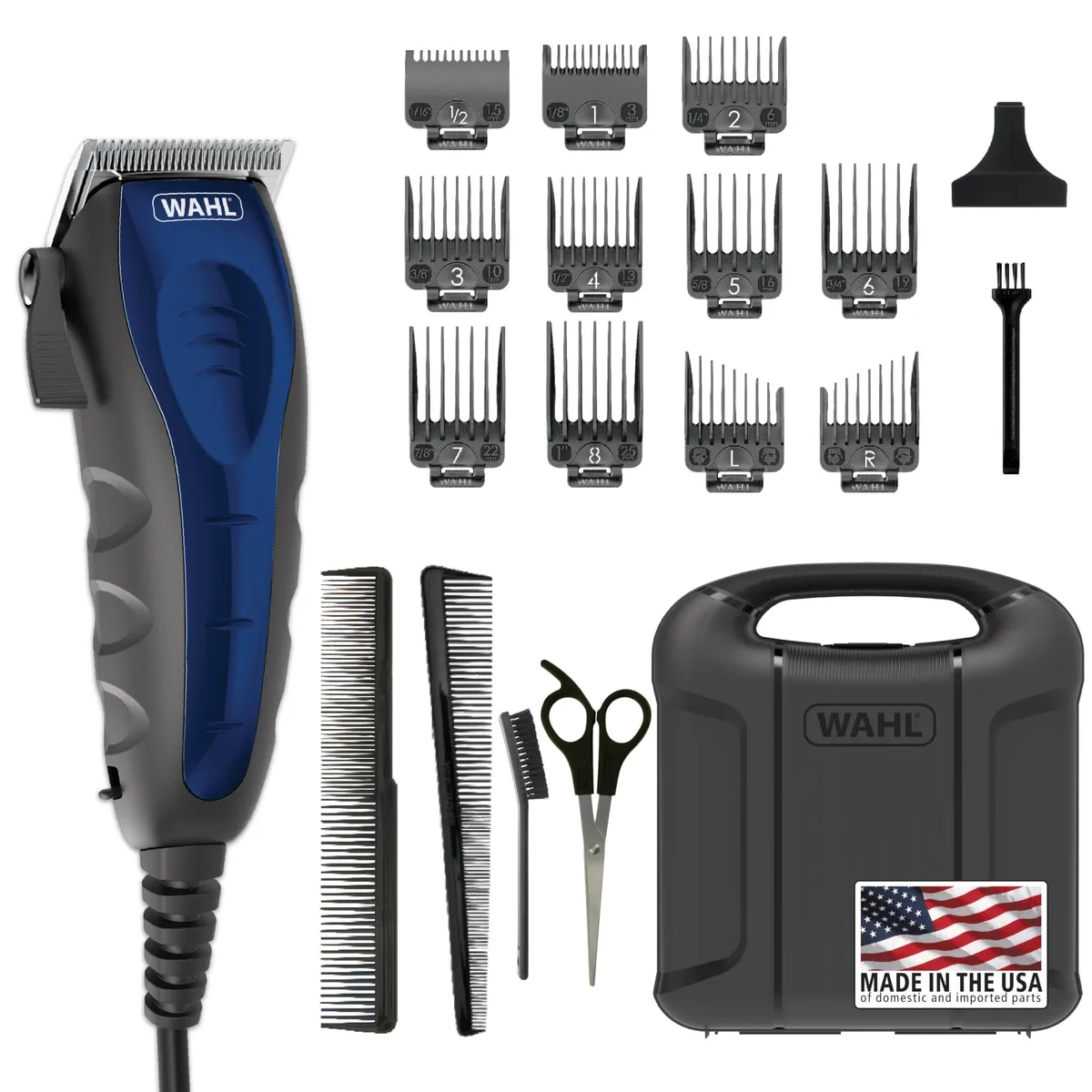 Compact Wahl corded clipper kit with 11 guards and storage case