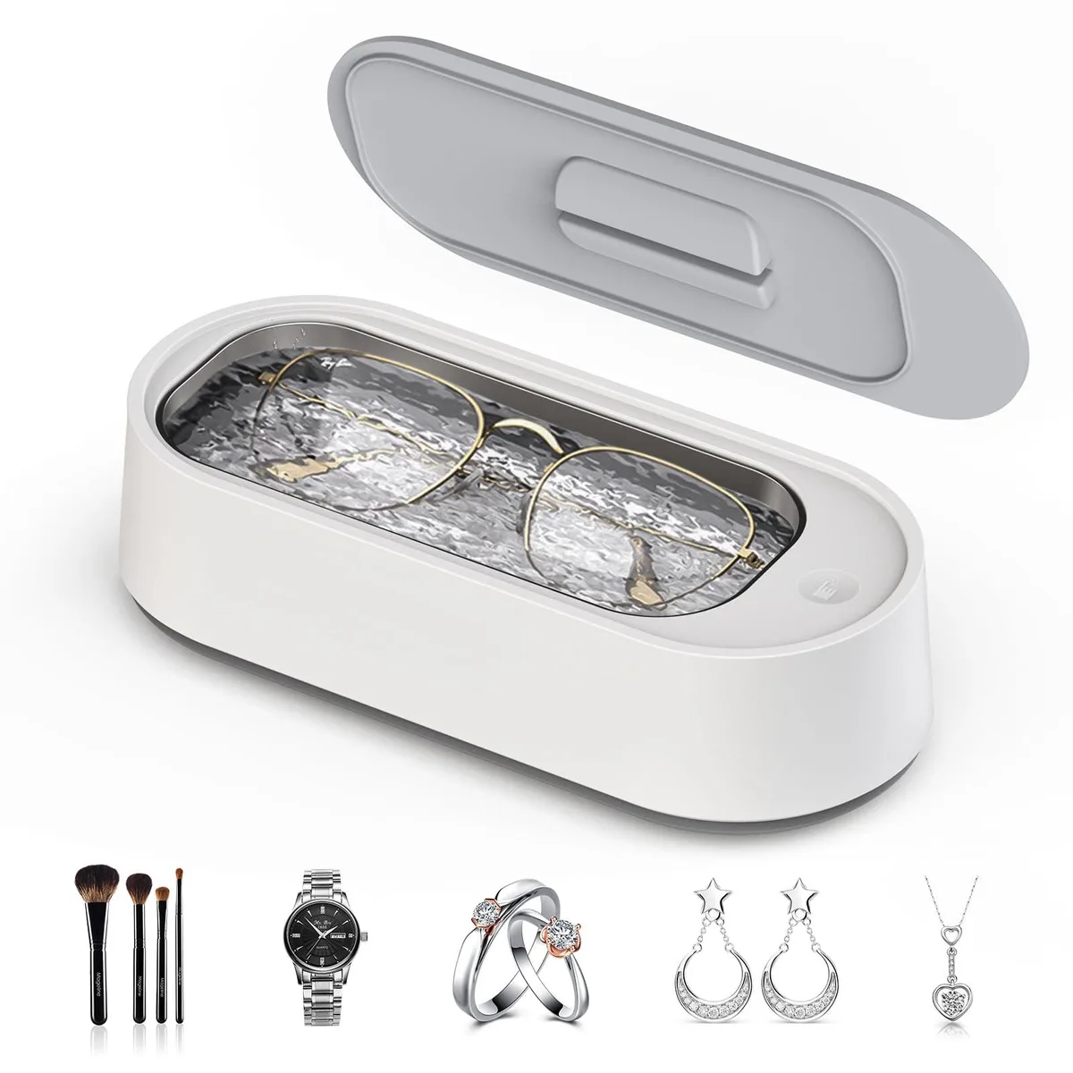 White ultrasonic cleaner unit with stainless steel tank and control button