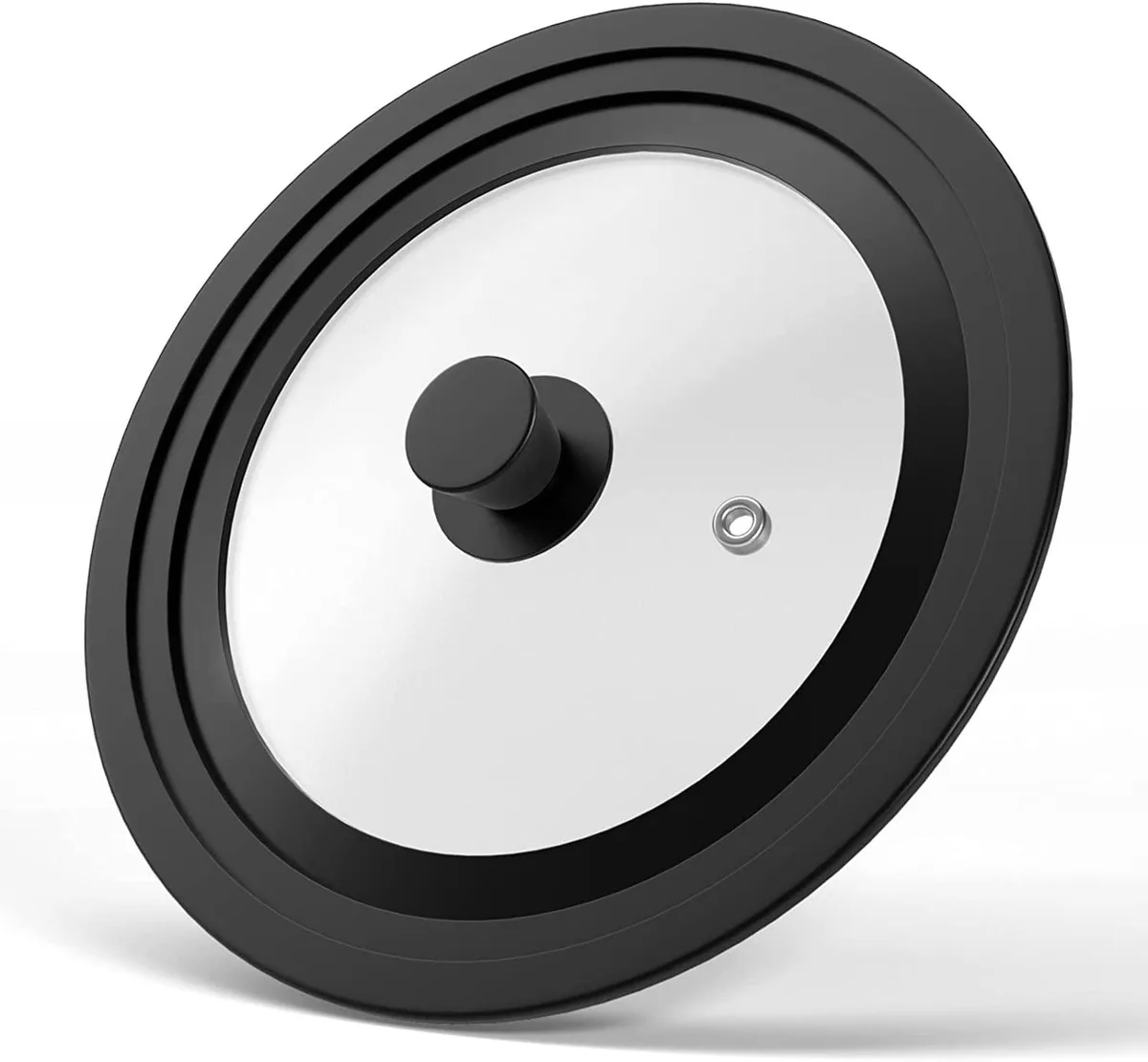Tempered glass pot lid with black silicone rim and handle, fits 10 11 12 inch cookware