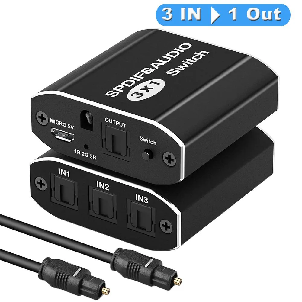 Black rectangular Toslink switch with three inputs and one output, IR remote included