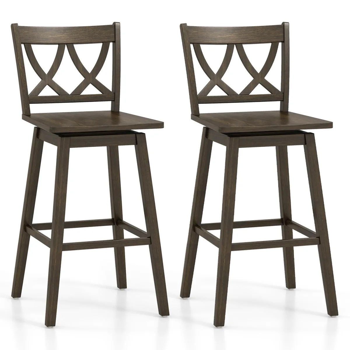 Two grey rubber wood barstools with swivel seats, backrests and footrests