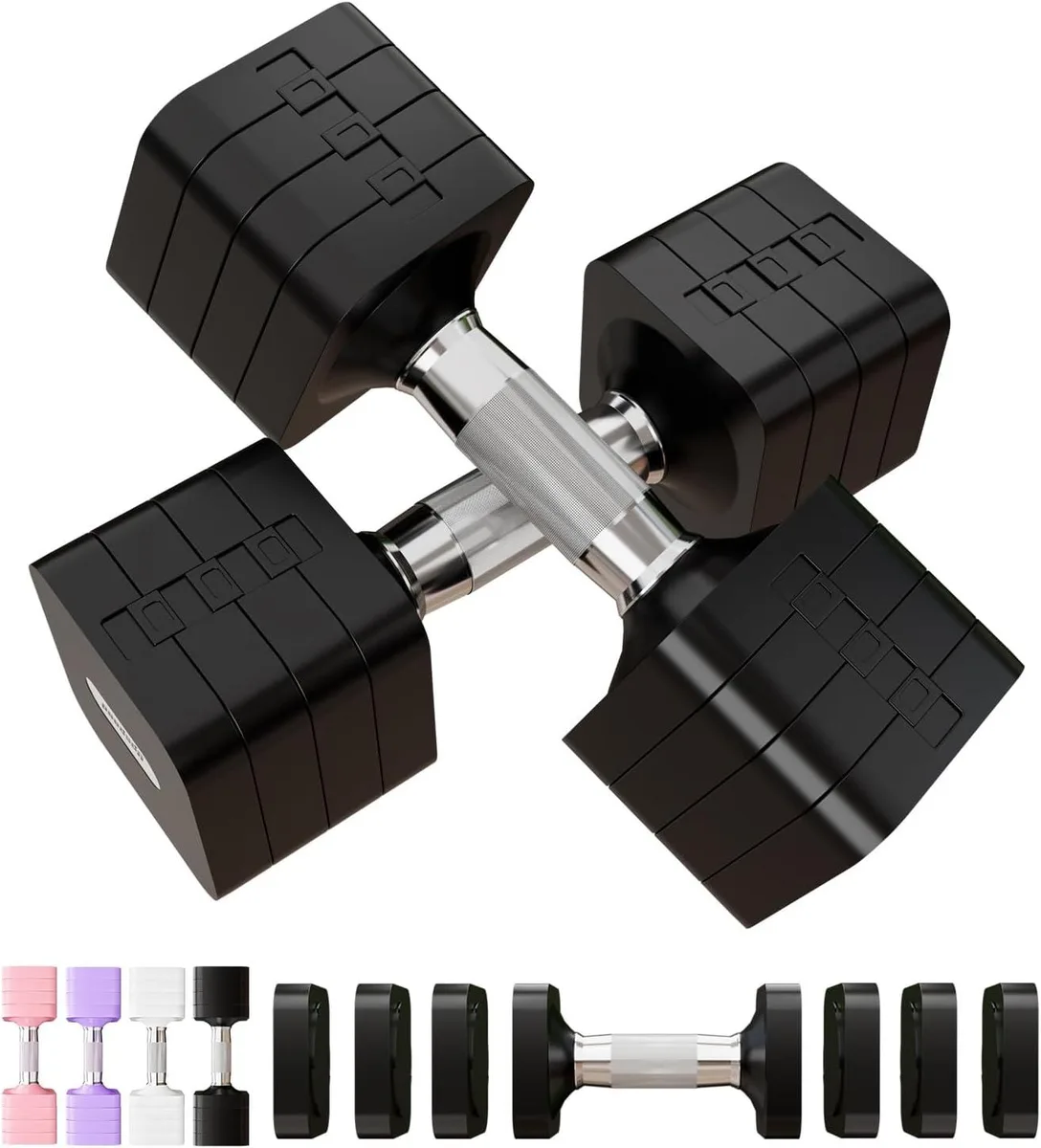 Pair of black square adjustable dumbbells with textured handles and twist-lock plates