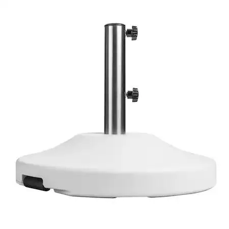 White free-standing umbrella base with 20.5 inch diameter, 14 inch stem, removable wheel and hand grips