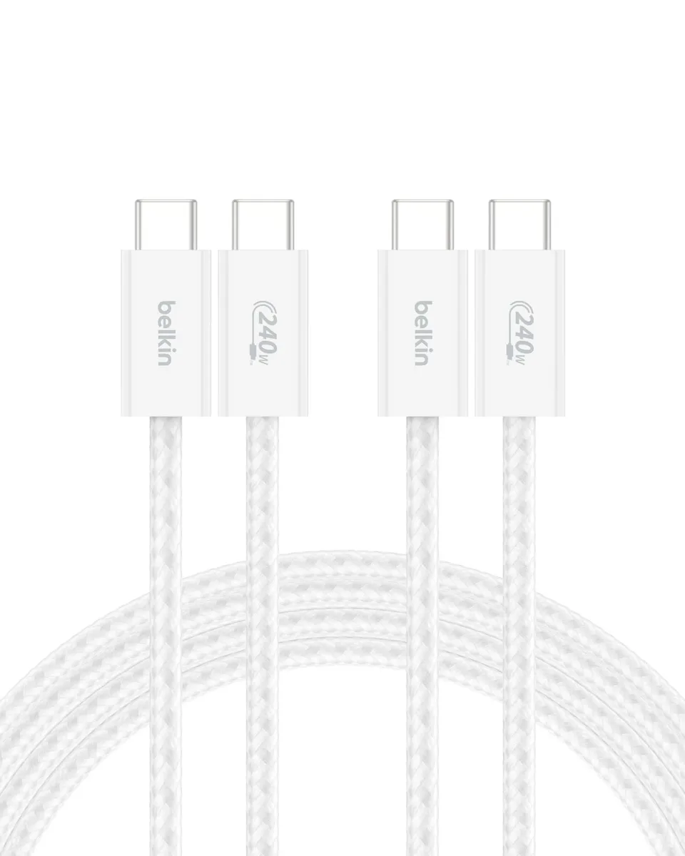 Belkin BBD009fq2MWH2PK USB-C to USB-C 240W phone cable 2 pack 6.6ft white — product photo